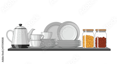 A kitchen shelf stocked with a teapot, stacked dishes, cups, and jars of food.