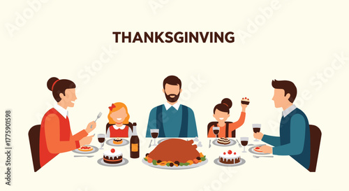 Family enjoys a traditional Thanksgiving dinner with a roasted turkey and festive desserts.