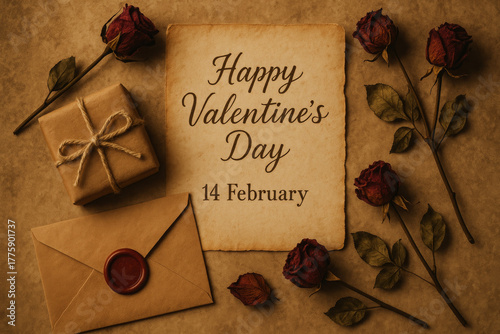 A nostalgic Valentine's Day flat lay featuring a greeting on aged parchment, surrounded by dried red roses, a gift, and a sealed love letter