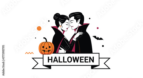 Couple of vampires in love, with a pumpkin and bat, celebrating Halloween.