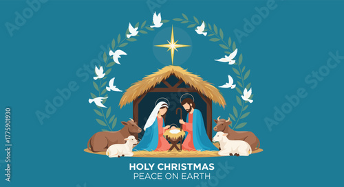 A serene nativity scene with Mary, Joseph, and baby Jesus in a stable, surrounded by farm animals and doves under a guiding star.
