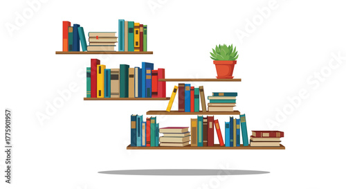 Illustration of stacked books on floating shelves with a potted plant in a minimalist style.