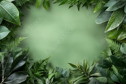 Lush Greenery Frame with Various Foliage Surrounding a Soft Gradient Background