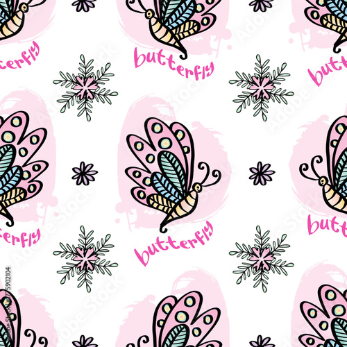 Seamless pattern with hand drawn doodle butterfly. Vector illustration.