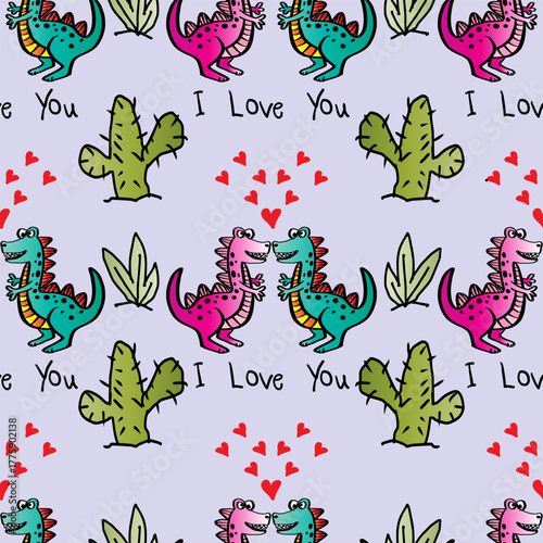 Seamless pattern with cute dinosaurs and lettering. Vector illustration.