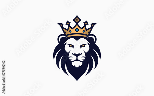 A regal lion head illustration isolated on white background, featuring a majestic crown atop its head, symbolizing power, strength, and nobility in a minimalist and modern design approach