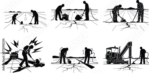 Silhouette vector illustration of construction workers repairing cracked pavement with jackhammer, saw, grinder, debris clearing, road roller, teamwork, safety, and industry