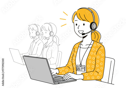 Customer service representative working on laptop with headset and blurred colleagues behind - Flat Vector Illustration. Colored vector illustration