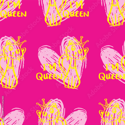 Seamless pattern with cute cat and lettering. My queen. Vector illustration.