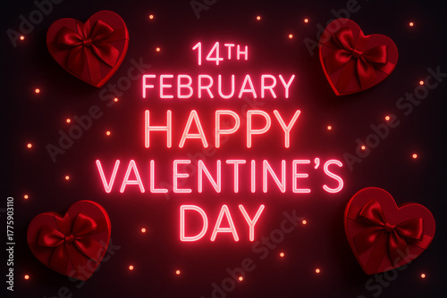 Celebrate a magical Valentine's Day with this romantic glowing neon sign surrounded by elegant heart-shaped gift boxes on a dark background with festive lights