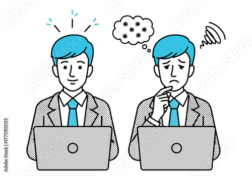 Confused businessman working on laptop facing challenges and stress problem solving - Flat Vector Illustration. Colored vector illustration