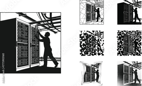 Silhouette vector illustration of data center technician working with server racks, control panels, cables, automation, maintenance, monitoring, teamwork, safety, and technology