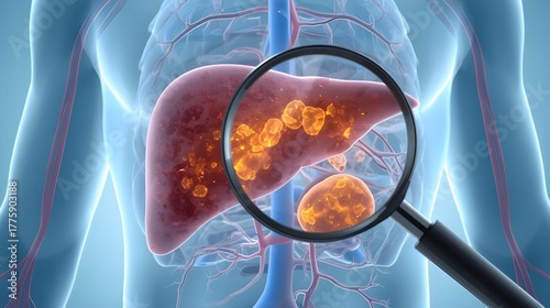 Medical illustration of a liver with cancer tumor cells magnified for education