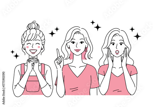 Three women expressing diverse emotions with sparkles and stars visual appeal - Flat Vector Illustration. Colored vector illustration