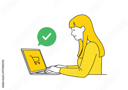 Young woman happily shopping online on her laptop with a confirmation checkmark notification - Flat Vector Illustration. Colored vector illustration