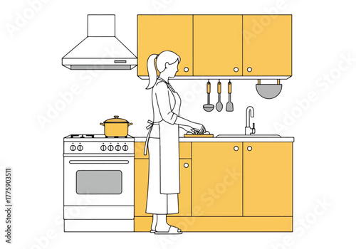 Person in apron washing dishes at kitchen counter with stove and cabinets scene - Flat Vector Illustration. Colored vector illustration