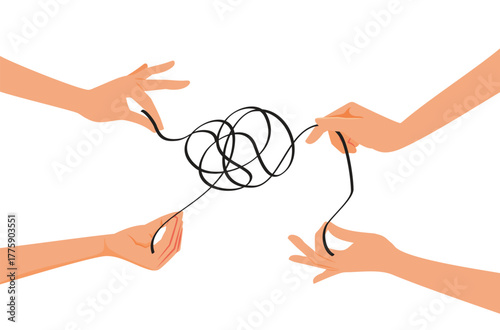 People Working as Team to Untangle a Thread Vector Illustration. Group of workers sharing the same goal trying to find solutions 