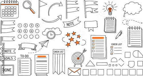 Hand Drawn Planning Doodles Calendar, Targets, Flags, ToDo Lists with Orange Accents