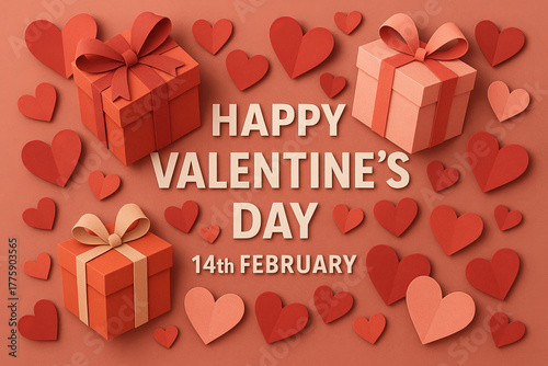 A simple papercraft composition displaying red gift boxes and scattered hearts for a Valentine's Day celebration on a festive background