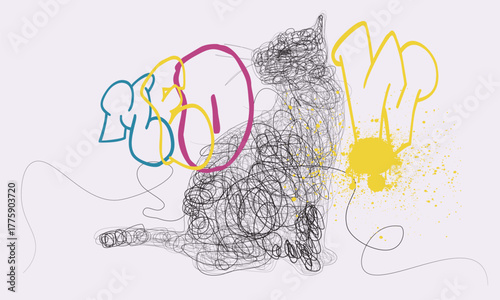 Meow. Doodle style, Cat hand drawn sketch, Continuous line drawing of cat, animal continuous line drawing, animal shaped pencil scribbles, art cat for tees.eps