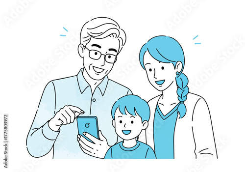 Happy family interacting with a smartphone engaging in digital activities together - Flat Vector Illustration. Colored vector illustration