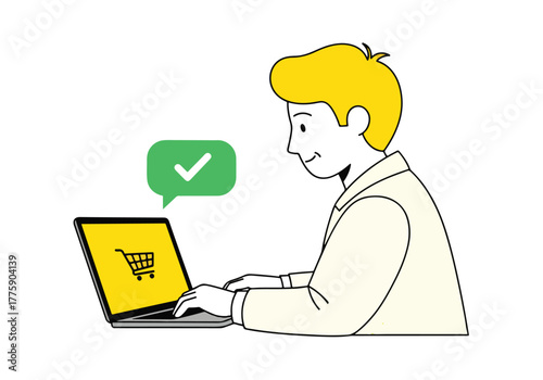 Man completing online purchase confirmation on laptop screen with green checkmark - Flat Vector Illustration. Colored vector illustration