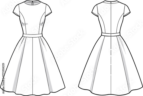 Elegant short sleeve flared midi dress fashion flat, fitted waist pleated skirt technical sketch front and back view illustration