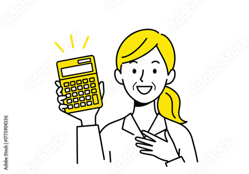 Happy woman holding calculator showing financial success and solutions - Flat Vector Illustration. Colored vector illustration