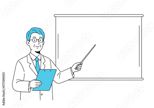 Doctor with pointer and clipboard presents information in a clean flat style - Flat Vector Illustration. Colored vector illustration