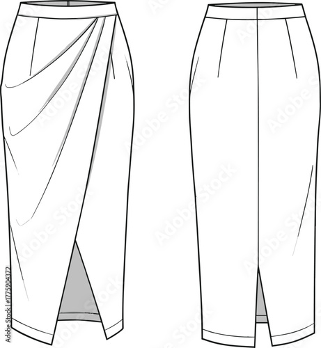 Elegant draped pencil skirt technical fashion flat, front and back view, wrap overlap midi skirt design illustration vector