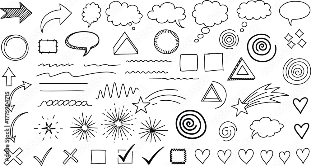 Fototapeta premium Hand Drawn Sketch Doodles, Arrows, Stars, Hearts, Shapes, Bubbles on White Background