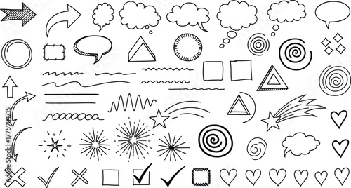 Hand Drawn Sketch Doodles, Arrows, Stars, Hearts, Shapes, Bubbles on White Background