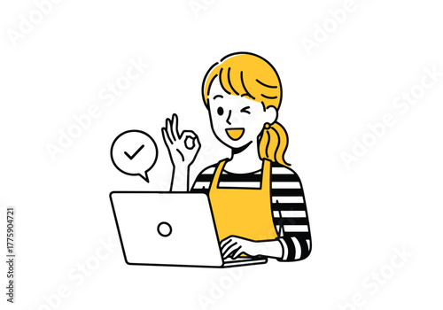 Woman in apron gives ok gesture at laptop with checkmark indicating success remote work - Flat Vector Illustration. Colored vector illustration