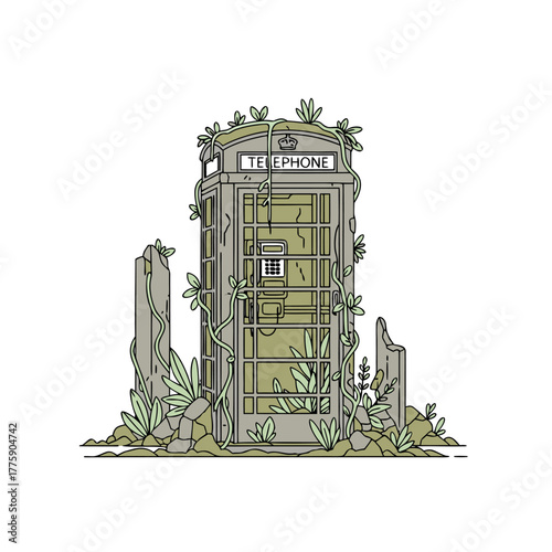 Vintage telephone booth overgrown with nature reclaiming urban space