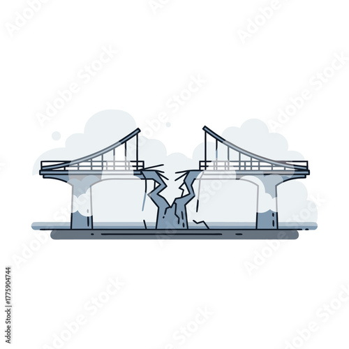 Broken bridge symbolizes collapse, failure, or connection loss