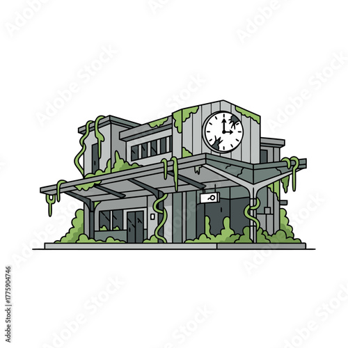 Overgrown abandoned train station with broken clock