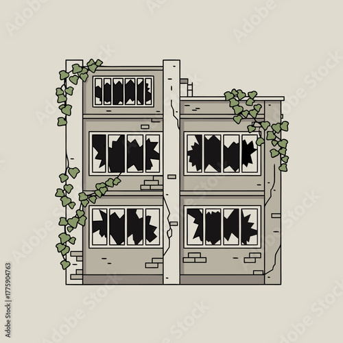 Abandoned building with broken windows and vines