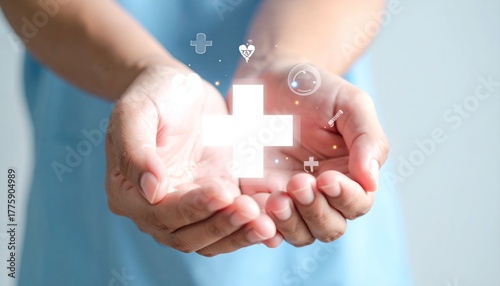 Health insurance and medical welfare concept. Hand with plus sign and medical icons, health and access to healthcare Get people interested in health care