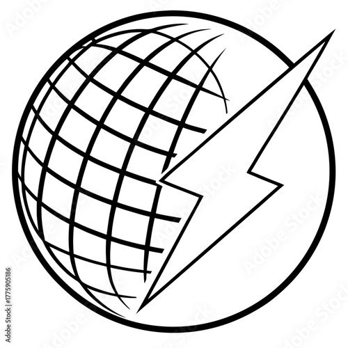 Global Power Energy Grid Symbol Representation with Lightning Bolt in Bold Outline Style