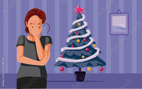 Woman Feels Unhappy and Desperate During Holidays Vector Illustration. Upset person suffering from frustrated and depression during the holidays