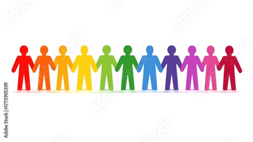 A rainbow-colored paper chain of 12 figures, each holding hands, forming a line against a white background.