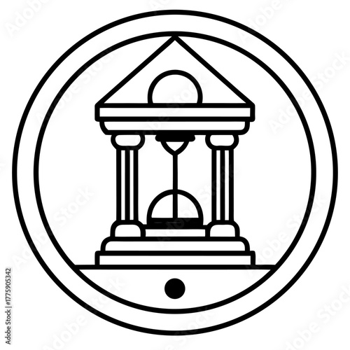 Stylized bank building icon in a circle representing financial stability and security