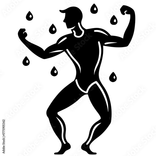 Stylized black vector illustration of muscular man flexing with water drops around him