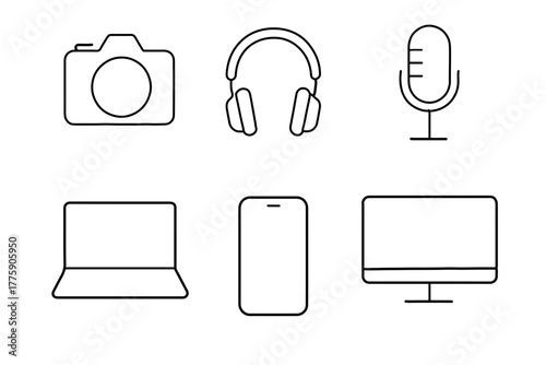 Modern office gadget vector illustration with six line art tools in minimalist style.