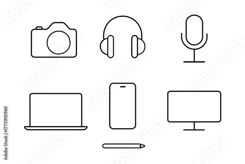 gadget accessories line art vector in clean black thin lines on white background