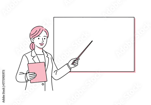 Woman educator presents information using a pointer at a blank whiteboard - Flat Vector Illustration. Colored vector illustration