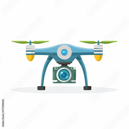 Blue Camera Drone with Green Propellers and Attached Camera.