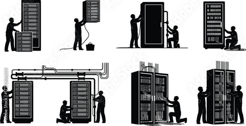 Silhouette vector illustration of IT technicians installing and maintaining server racks, managing cables, configuring networks, teamwork, safety, technology, and industry