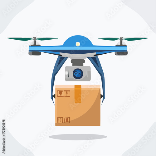 Blue Drone Delivering Package with Propellers and Camera.
