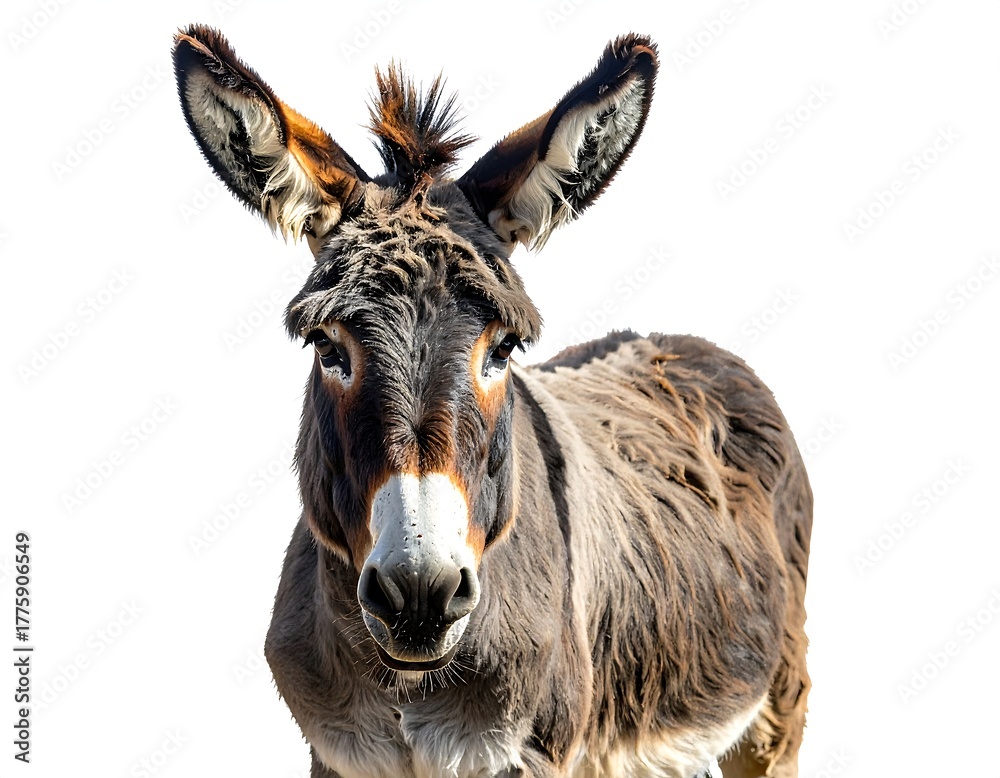 Fototapeta premium Portrait of a curious donkey, facing the camera on a white background